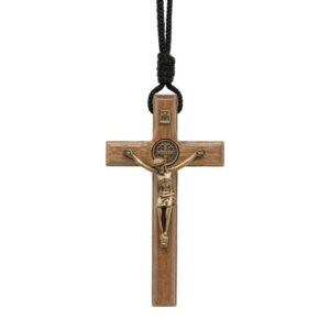 Colar Cruz Madeira Coroinha 9cm c/ med. de São Bento - OV CORDAO